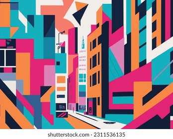 Arte mural dramático y abstracto decorativo que representa una bulliciosa calle de la ciudad, llena de vida y energía