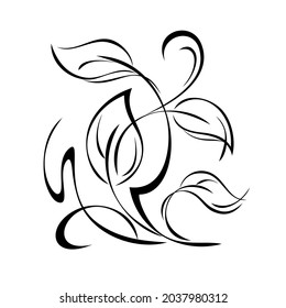 decorative abstract element with leaves and curls in black lines on a white background