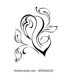 decorative abstract element with leaves and vignettes in black lines on a white background