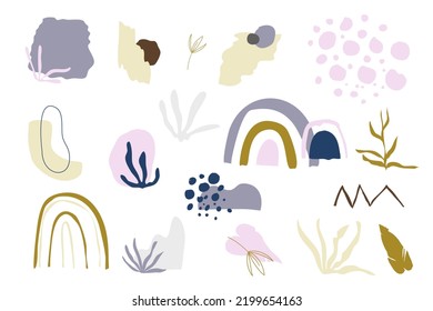 Las formas de elementos abstractos decorativos establecen una colección de puntos, manchas, líneas de arte, garabatos en colores escandinavos de moda pastel.