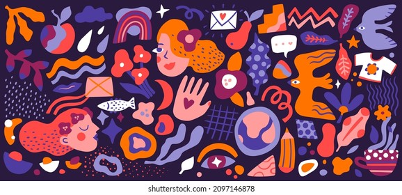 Decorative abstract elements. Modern trendy symbols. Spring birds and women faces. Freehand style. Flowers and fruits. Doodle grids and lines. Paint stains. Vector