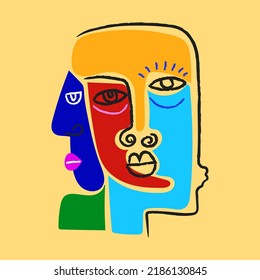 Decorative abstract face portrait male,female hand drawn vector illustration.