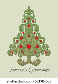 Decorative abstract fir tree (Christmas tree) with asia art ornamental ethnic pattern. Season's greetings. Happy New Year. 