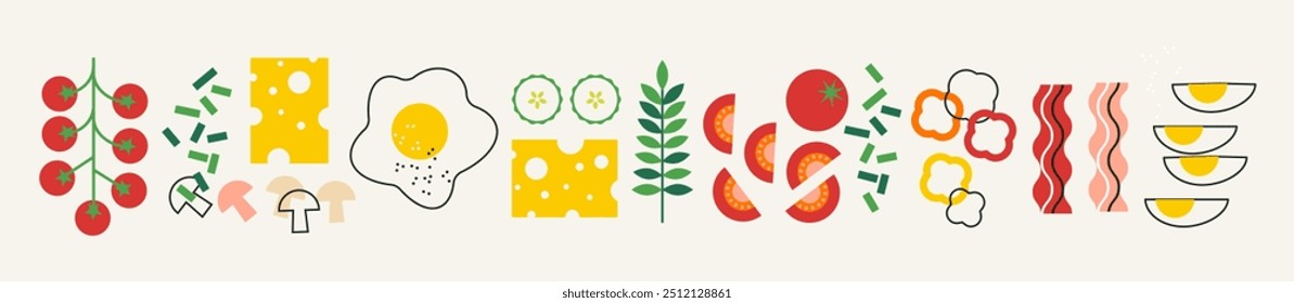 Decorative abstract flat vector illustration with green veggies, cheese and egg. Appetising vegetables collection. Greens icon set. Wide background for poster, cover design. Healthy food concept