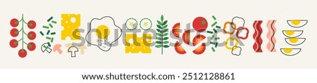 Decorative abstract flat vector illustration with green veggies, cheese and egg. Appetising vegetables collection. Greens icon set. Wide background for poster, cover design. Healthy food concept