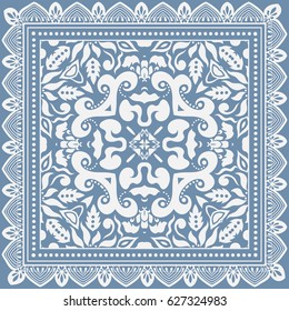 Decorative abstract floral background, hand drawn doodle pattern with ornate lace frame. Tribal ethnic ornament. Bandanna shawl fabric print, silk neck scarf, kerchief or tablecloth design