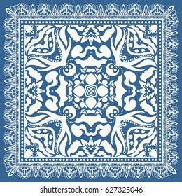 Decorative abstract floral background, hand drawn doodle pattern with ornate lace frame. Tribal ethnic ornament. Bandanna shawl fabric print, silk neck scarf, kerchief or tablecloth design