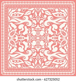 Decorative abstract floral background, hand drawn doodle pattern with ornate lace frame. Tribal ethnic ornament. Bandanna shawl fabric print, silk neck scarf, kerchief or tablecloth design