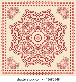 Decorative abstract floral background, mandala geometric pattern with ornate lace frame, tribal ethnic ornament. Bandanna shawl fabric print, silk neck scarf, kerchief design, vector decoration
