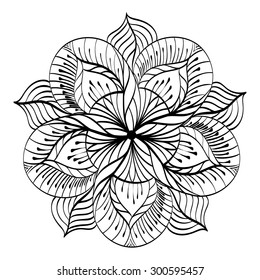 Decorative abstract flower with fantasy pattern. Contour black stylized flowers on white background.