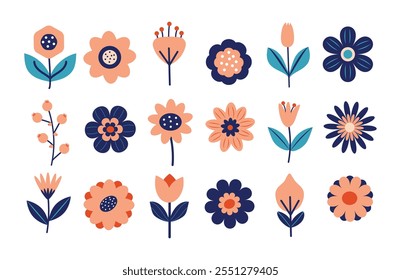 Decorative Abstract Flower Set, Vector Flower Art in White Background, Hand Drawn Wildflower Illustration.
