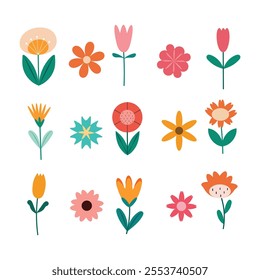 Decorative Abstract Flower Set, Vector Flower Art in White Background, Hand Drawn Wildflower Illustration, Flower Icon.