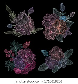Decorative abstract  flowers set, design elements. Can be used for cards, invitations, banners, posters, print design. Floral background in line art style