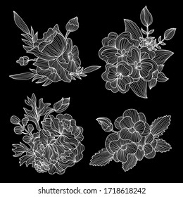 Decorative abstract  flowers set, design elements. Can be used for cards, invitations, banners, posters, print design. Floral background in line art style