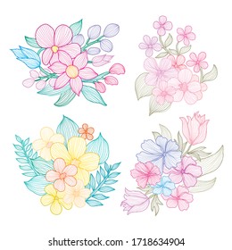 Decorative abstract  flowers set, design elements. Can be used for cards, invitations, banners, posters, print design. Floral background in line art style