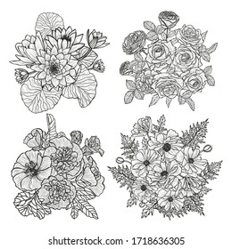 Flores abstractas decorativas, elementos de diseño. Se puede utilizar para tarjetas, invitaciones, banners, carteles, diseño de impresión. Antecedentes florales en estilo de arte lineal