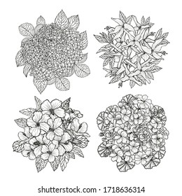 Decorative abstract  flowers set, design elements. Can be used for cards, invitations, banners, posters, print design. Floral background in line art style