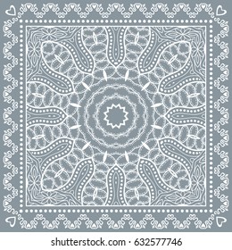 Decorative abstract geometric background, doodle ornamental lace pattern with frame border. Tribal ethnic motif. Bandanna shawl, tablecloth fabric print, silk neck scarf, kerchief design