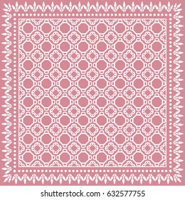 Decorative abstract geometric background, doodle ornamental lace pattern with frame border. Tribal ethnic motif. Bandanna shawl, tablecloth fabric print, silk neck scarf, kerchief design