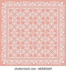 Decorative abstract geometric background, doodle ornamental lace pattern with frame border. Tribal ethnic motif. Bandanna shawl, tablecloth fabric print, silk neck scarf, kerchief design