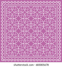 Decorative abstract geometric background, doodle ornamental lace pattern with frame border. Tribal ethnic motif. Bandanna shawl, tablecloth fabric print, silk neck scarf, kerchief design