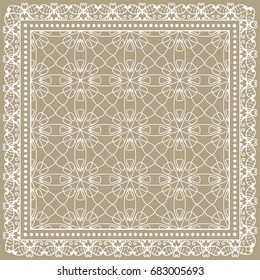 Decorative abstract geometric background, doodle ornamental lace pattern with frame border. Tribal ethnic motif. Bandanna shawl, tablecloth fabric print, silk neck scarf, kerchief design