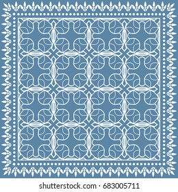 Decorative abstract geometric background, doodle ornamental lace pattern with frame border. Tribal ethnic motif. Bandanna shawl, tablecloth fabric print, silk neck scarf, kerchief design