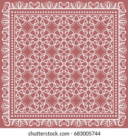Decorative abstract geometric background, doodle ornamental lace pattern with frame border. Tribal ethnic motif. Bandanna shawl, tablecloth fabric print, silk neck scarf, kerchief design