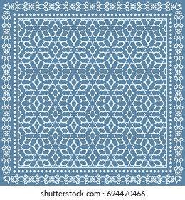 Decorative abstract geometric background, doodle ornamental lace pattern with frame border. Tribal ethnic motif. Bandanna shawl, tablecloth fabric print, silk neck scarf, kerchief design