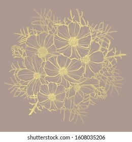 Decorative abstract golden cosmos flowers, design elements. Can be used for cards, invitations, banners, posters, print design. Golden floral  background in line art style