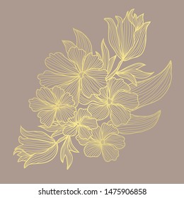 Decorative abstract golden flowers, design elements. Can be used for cards, invitations, banners, posters, print design. Golden floral  background in line art style