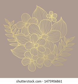 Decorative abstract golden flowers, design elements. Can be used for cards, invitations, banners, posters, print design. Golden floral  background in line art style