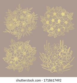 Decorative abstract golden flowers, design elements. Can be used for cards, invitations, banners, posters, print design. Floral background in line art style