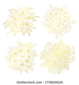 Decorative abstract  golden flowers set, design elements. Can be used for cards, invitations, banners, posters, print design. Floral background in line art style