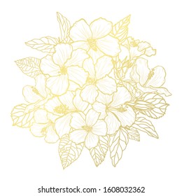 Decorative abstract golden hibiscus  flowers, design elements. Can be used for cards, invitations, banners, posters, print design. Golden floral  background in line art style