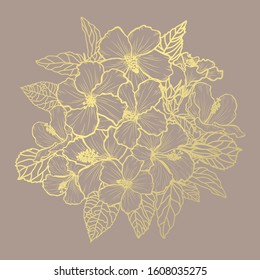 Decorative abstract golden hibiscus  flowers, design elements. Can be used for cards, invitations, banners, posters, print design. Golden floral  background in line art style