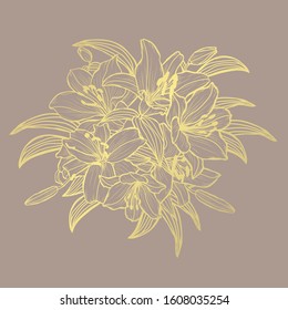 Decorative abstract golden lily flowers, design elements. Can be used for cards, invitations, banners, posters, print design. Golden floral  background in line art style