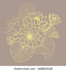 Decorative abstract golden lotus flowers, design elements. Can be used for cards, invitations, banners, posters, print design. Golden floral  background in line art style