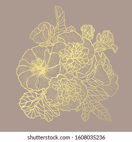 Decorative abstract golden malva flowers, design elements. Can be used for cards, invitations, banners, posters, print design. Golden floral  background in line art style