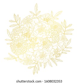 Decorative abstract golden marigold flowers, design elements. Can be used for cards, invitations, banners, posters, print design. Golden floral  background in line art style