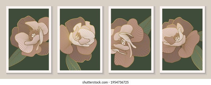 Decorative Abstract Golden Peonies Wall Art Decor. Luxury Gold Floral Line Art Posters Set. Design For Social Media Post, Packaging, Cover, Banner, Card, Print. Vector Illustration