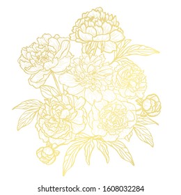 Decorative abstract golden peony flowers, design elements. Can be used for cards, invitations, banners, posters, print design. Golden floral  background in line art style