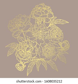 Decorative abstract golden peony flowers, design elements. Can be used for cards, invitations, banners, posters, print design. Golden floral  background in line art style