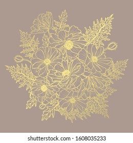 Decorative abstract golden poppy flowers, design elements. Can be used for cards, invitations, banners, posters, print design. Golden floral  background in line art style