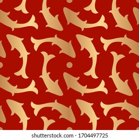 Decorativo patrón abstracto de oro sin fisuras con peces sobre fondo rojo. La decoración tradicional oriental. Ilustración vectorial.