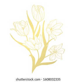 Decorative abstract golden tulip flowers, design elements. Can be used for cards, invitations, banners, posters, print design. Golden floral  background in line art style