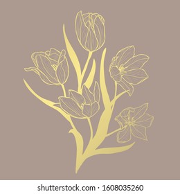 Decorative abstract golden tulip flowers, design elements. Can be used for cards, invitations, banners, posters, print design. Golden floral  background in line art style