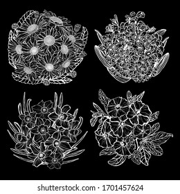 Decorative abstract hand drawn flowers, design elements. Can be used for cards, invitations, banners, posters, print design. Floral background in line art style