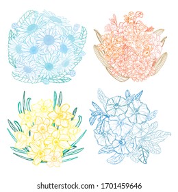 Flores dibujadas a mano y elementos de diseño abstractos decorativos. Se puede utilizar para tarjetas, invitaciones, banners, carteles, diseño de impresión. Antecedentes florales en estilo de arte lineal