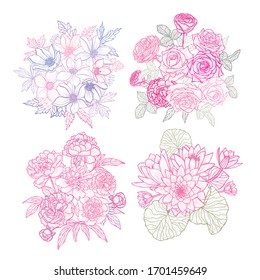 Decorative abstract hand drawn flowers, design elements. Can be used for cards, invitations, banners, posters, print design. Floral background in line art style